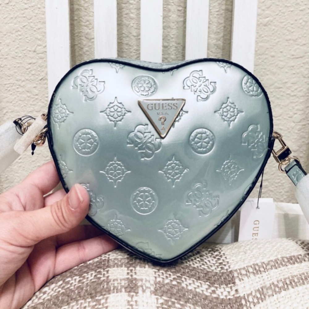 Gorgeous  Guess Arnela Debossed Logo Mini Heart icy blue zip up crossbody bag